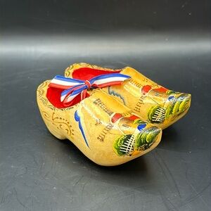 Vintage Hand Carved Painted Dutch Wooden Shoes Pair Clogs Holland w Windmill